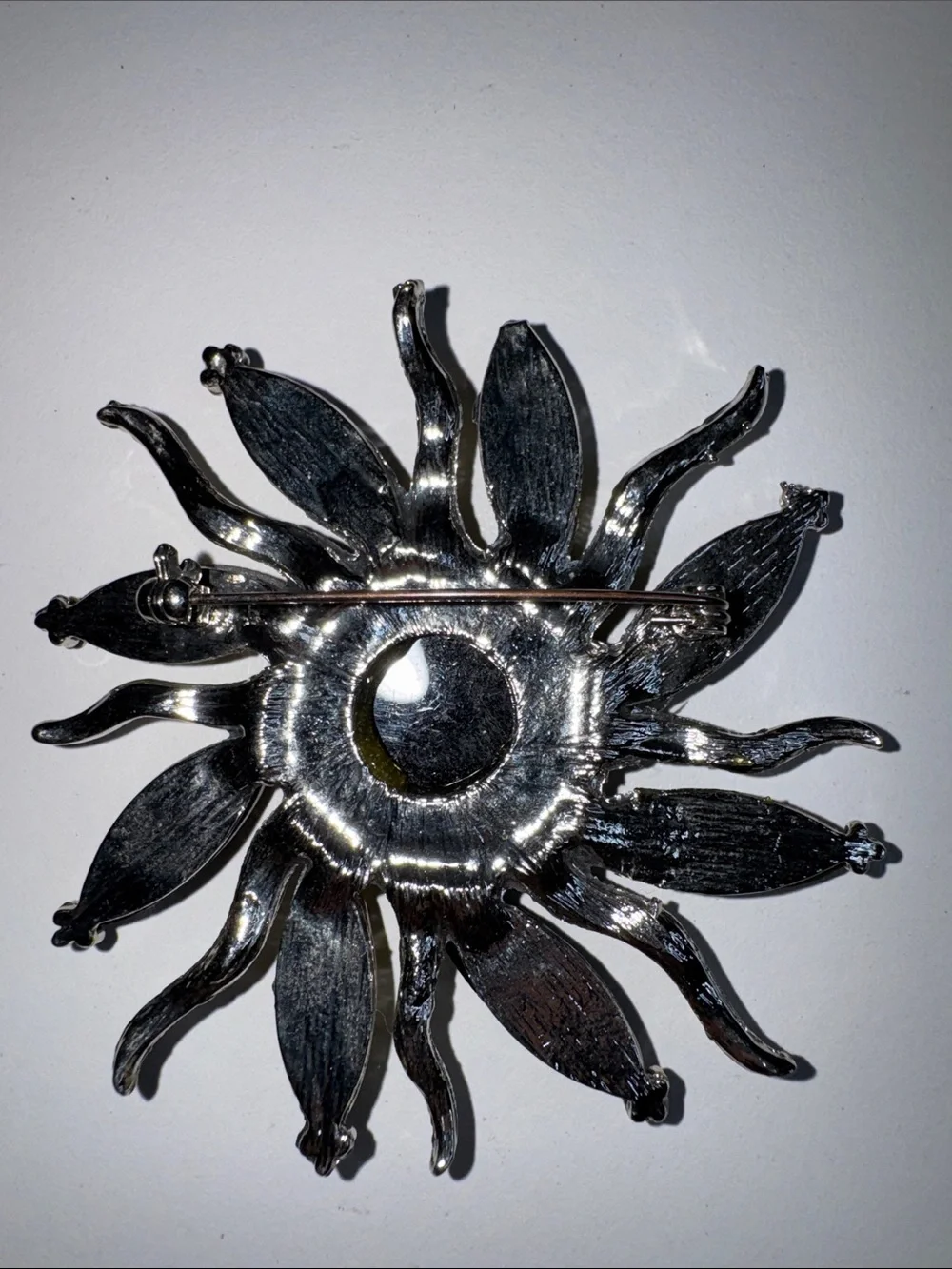 Vintage Style Black Yellow Crystal Sunburst Brooch Silver Tone Statement Pin
